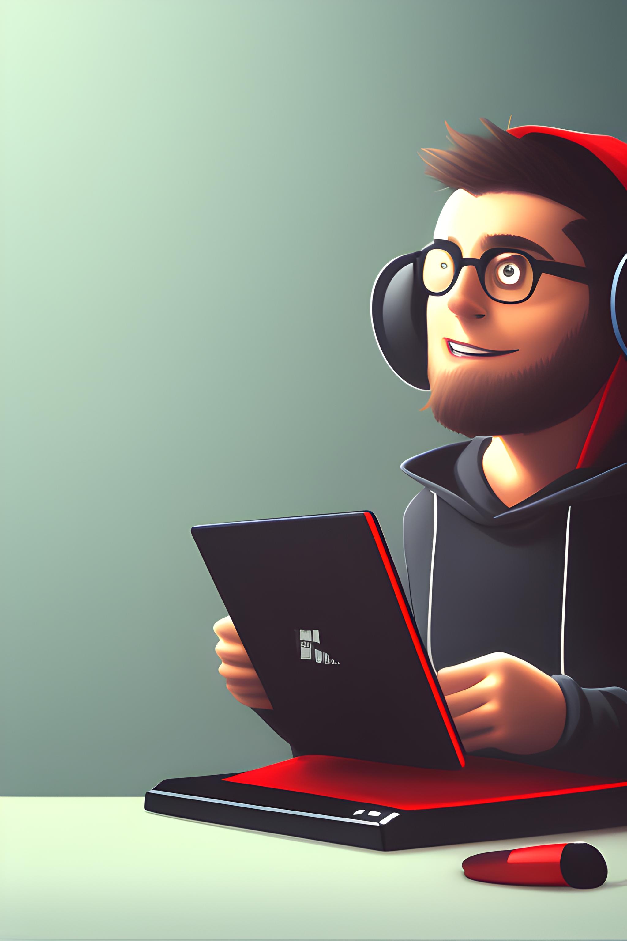 behind a table, the character is wearing a black shirt and a red hoodie and attractive glassed and voice over mic include a studio table in front if the boy front editing studio in 16:9 ratio